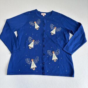 Quacker Factory Novelty Angel Christmas Cardigan Sweater Women's M Blue Fairy